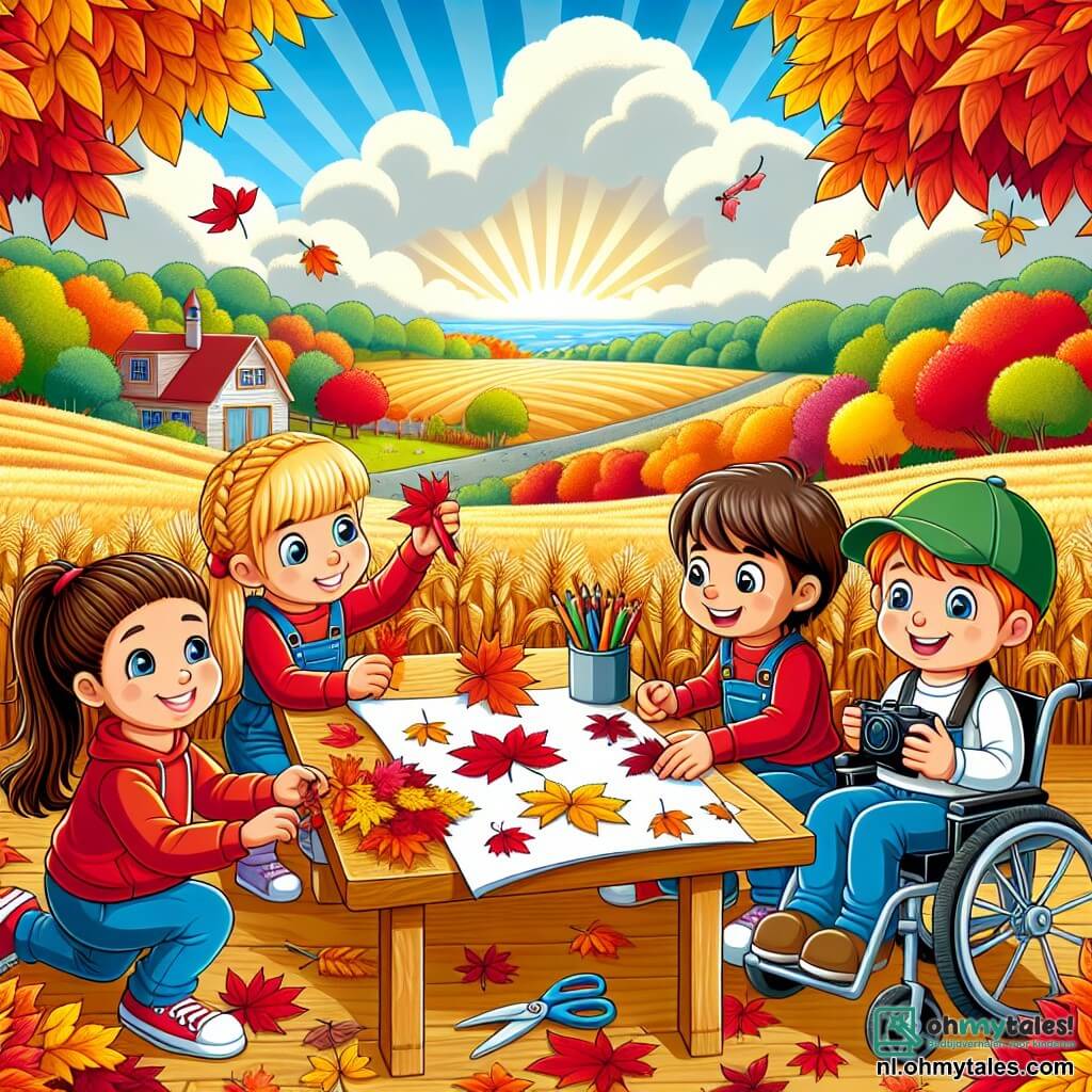 Illustratie van een herfstscène op een kleurrijke boerderij. Op de achtergrond omringen bomen met vurig rode, oranje en gele bladeren een groot veld met gouden tarwe, onder een heldere blauwe lucht met witte, donzige wolken. Op de voorgrond staan vier jonge kinderen rond een grote houten tafel. Twee meisjes van ongeveer 8 jaar zijn bezig bladeren op een groot vel papier te plakken. Een van hen heeft lang bruin haar en draagt een rode trui, terwijl de ander blonde gevlochten haren en een gele vest heeft. Een 9-jarig jongetje met kastanjebruin haar en een groene pet houdt een camera vast om het moment vast te leggen. Naast hem zit een 7-jarig meisje in een mooie rolstoel, dat vrolijk glimlacht met een kleurpotlood in de hand. De kinderen zijn omringd door kleurrijke bladeren op de tafel, evenals scharen en lijm. De sfeer is vrolijk en creatief, wat de geest van kameraadschap en ontdekking van de herfst illustreert. Decoratieve pompoenen en mokken met warme chocolademelk zijn op de achtergrond zichtbaar, wat een warme toets toevoegt aan deze scène van vriendschap en creativiteit.