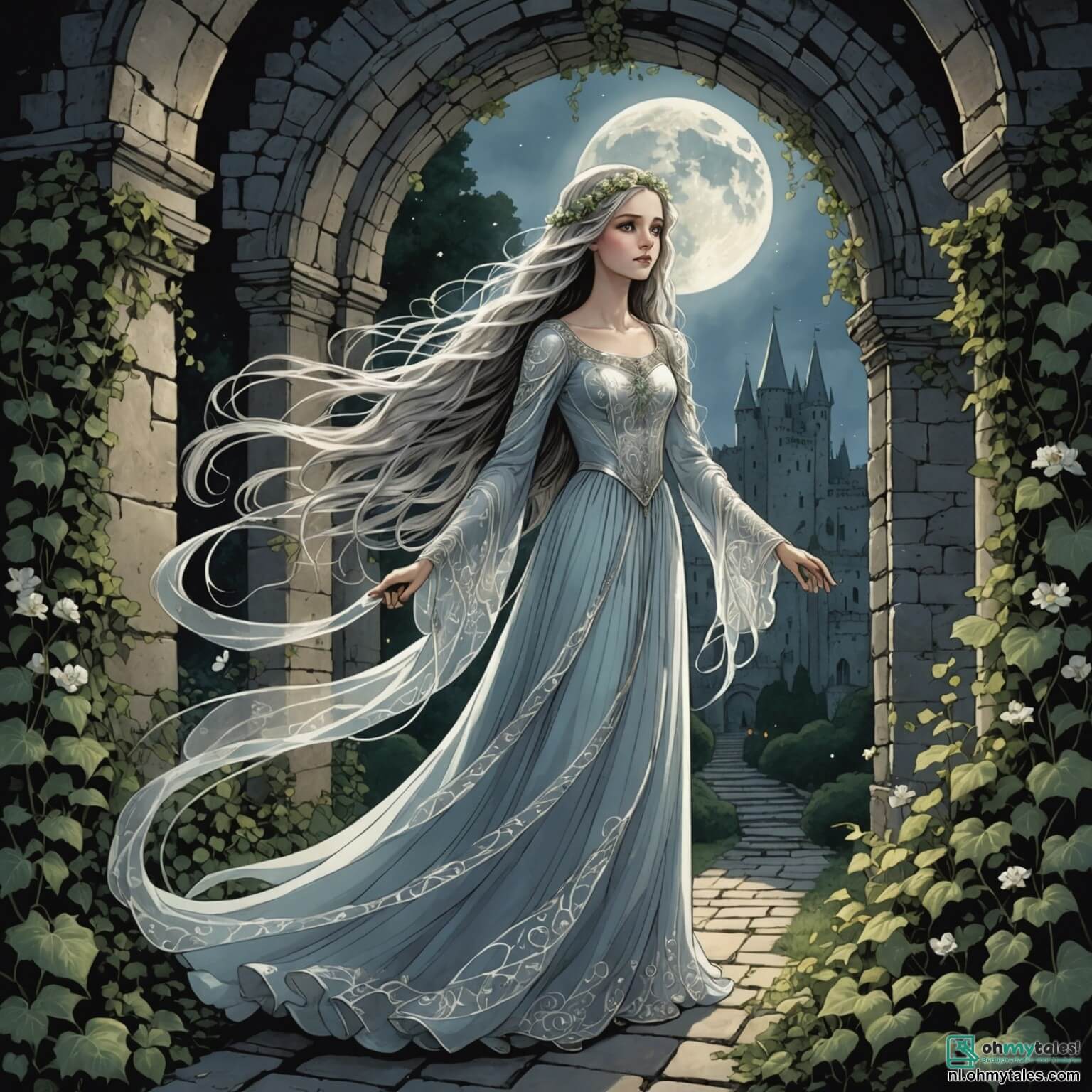 Une illustration destinée aux enfants représentant une délicate fantôme aux longs cheveux flottants comme des filaments d'argent, vêtue d'une robe éthérée ornée de fleurs luminescentes, errant dans un ancien château aux murs de pierre couverts de lierre et de toiles d'araignée, où des rayons de lune filtrent à travers des fenêtres brisées, illuminant des portraits de rois et reines oubliés, tandis qu'elle cherche désespérément à briser la malédiction qui l'enchaîne à cet endroit, accompagnée d'un courageux garçon au cœur vaillant, portant une lampe vacillante, et d'une petite fille aux yeux pétillants de curiosité, tous deux déterminés à découvrir les secrets du château hanté et à libérer l'esprit tourmenté de cette créature fantastique.
