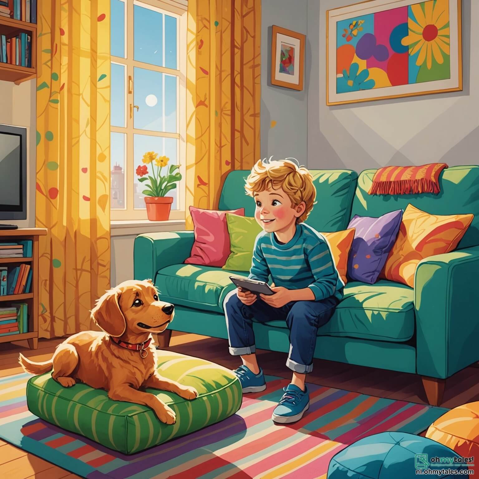 Une illustration destinée aux enfants représentant un garçon aux yeux pétillants de curiosité, assis sur un canapé moelleux, entouré de coussins colorés et d'une grande télévision diffusant des dessins animés éclatants, tandis que son petit chien à la fourrure dorée, joyeusement enjoué, gambade autour de lui dans une salle de séjour lumineuse, où les rayons du soleil filtrent à travers les rideaux légers, créant des ombres dansantes sur le sol, et où sa maman, une femme douce au sourire chaleureux, entre avec un plateau de biscuits, lui rappelant qu'il est temps de sortir et de jouer dehors avec son nouvel ami, un garçon souriant et aventureux, qui vient de s'installer dans le quartier et qui l'invite à explorer les merveilles du parc voisin, rempli d'arbres majestueux, de fleurs colorées et d'une grande aire de jeux animée.