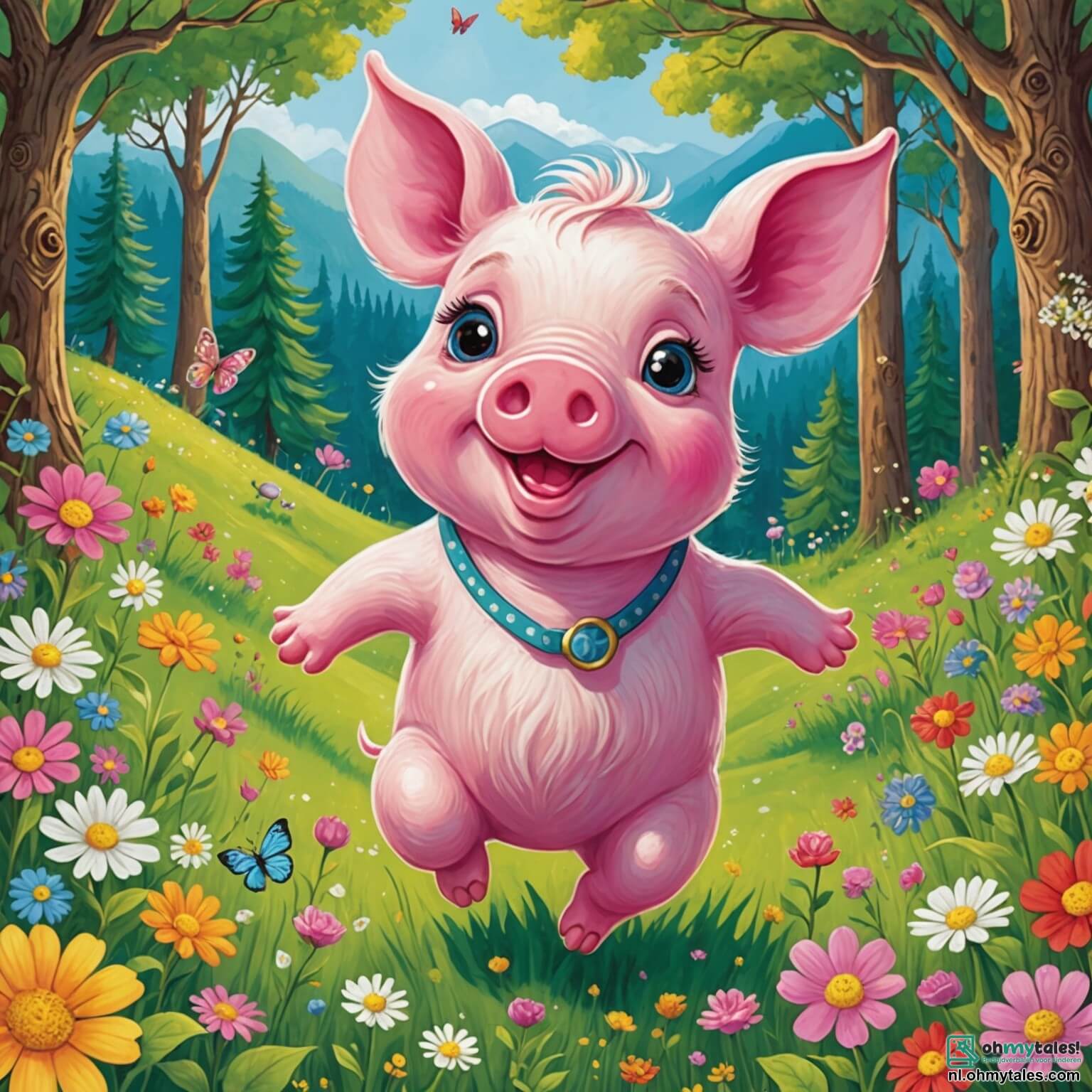 Une illustration destinée aux enfants représentant un petit cochon rose aux yeux pétillants et à la queue en tire-bouchon, qui, dans un vaste et verdoyant pré parsemé de fleurs multicolores dansant au gré du vent et bordé par un majestueux bois où se dressent de grands arbres aux feuilles bruissantes, se lance avec enthousiasme dans une quête d'aventure pour découvrir des trésors cachés, tout en se liant d'amitié avec un joyeux lapin à la fourrure blanche comme la neige et une espiègle écureuil à la queue touffue, prêts à l'accompagner dans cette exploration magique remplie de rires et de découvertes.