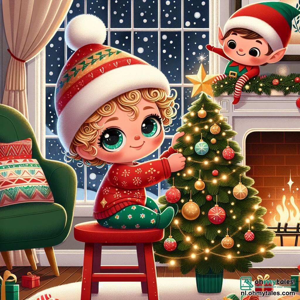 Une illustration sous forme de dessin destinée aux enfants représentant une chaleureuse salle de séjour décorée pour Noël, avec une fille de 1 an aux cheveux bouclés et aux yeux pétillants, assise sur un petit tabouret rouge, en train de placer une étoile dorée sur le sommet d'un sapin de Noël scintillant, tandis qu'un petit elf au visage souriant, vêtu d'un costume vert et rouge, sort joyeusement de la cheminée, entouré de flocons de neige qui tombent doucement à l'extérieur de la fenêtre, créant une ambiance magique et festive.