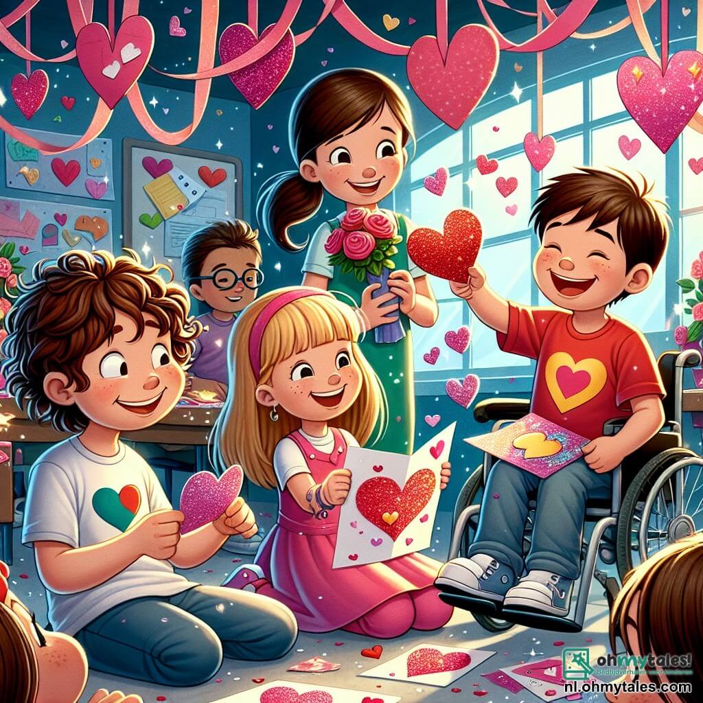 Illustratie van een kleurrijk klaslokaal, versierd met papieren harten en Valentijns slingers. In het midden een groep van vier vrienden: een jongen met bruin, krullend haar van ongeveer 10 jaar, die glimlacht en een glanzende kaart vasthoudt; een meisje met lang, blond haar van ongeveer 9 jaar in een roze jurk, dat een kaart met glitter versiert; een jongen met kastanjebruin haar van ongeveer 10 jaar in een leuk T-shirt, die lacht en een hartvormige kaart vasthoudt; en een meisje met kort, bruin haar van ongeveer 10 jaar in een rolstoel, met een grote glimlach, die een heldere kaart vasthoudt. De scène toont de vrienden die hun creaties delen, omringd door verwonderde klasgenoten, met lichtflitsen en zwevende harten om de magie van Valentijnsdag te benadrukken.
