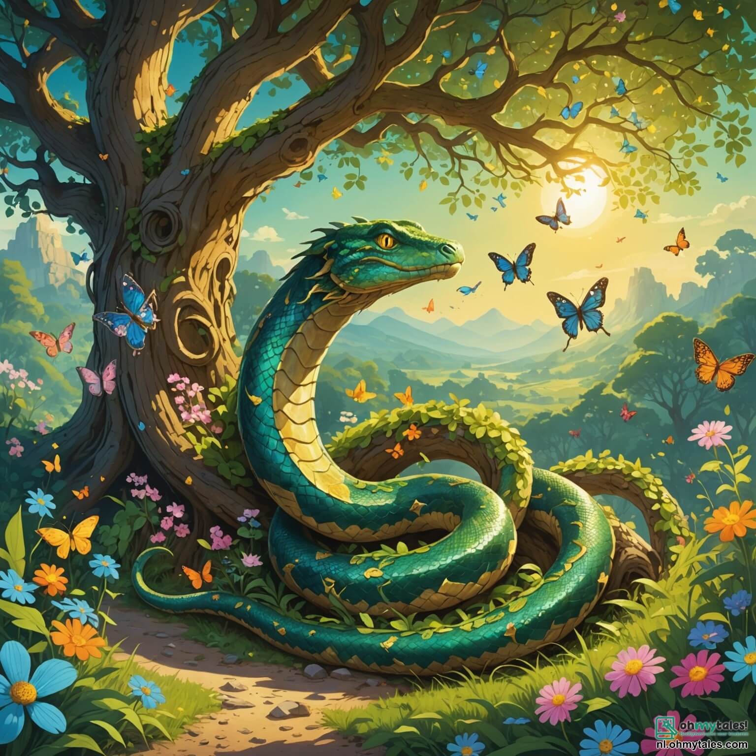 Une illustration destinée aux enfants représentant un serpent aux écailles scintillantes comme des émeraudes, ondulant gracieusement entre les racines noueuses d'un grand chêne centenaire, dans une clairière ensoleillée où les rayons dorés filtrent à travers le feuillage dense, tandis qu'il découvre une étoile filante perdue, entourée de fleurs colorées et de papillons virevoltants, et se lance dans une quête pleine d'aventures pour aider cette étoile à retrouver sa place dans le ciel, croisant en chemin un sage hibou aux plumes argentées et un joyeux lapin aux grandes oreilles, tous deux résidant dans ce coin enchanteur de la forêt.