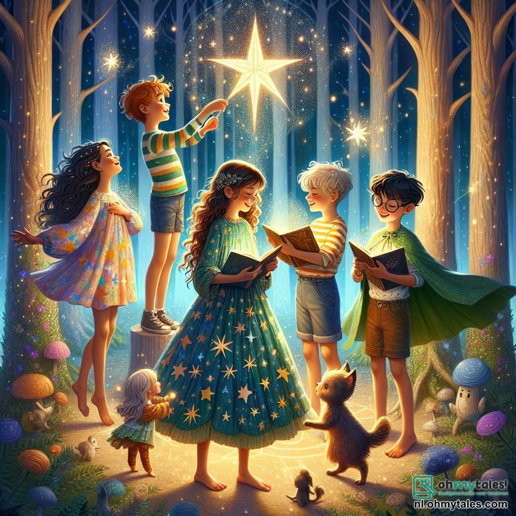 Illustratie van een betoverende open plek in het hart van een magisch bos, waar bomen met glinsterende stammen de lucht in reiken onder een sterrenhemel, verlicht door een grote heldere ster in het midden. Op de voorgrond staat een groep van vier kinderen, twee meisjes en twee jongens, rondom deze ster. Het eerste meisje, vijf jaar oud, heeft lange krullende haren en draagt een kleurrijke jurk versierd met sterrenmotieven. Ze houdt een open boek vast, met sprankelende ogen van opwinding. Het tweede kind, een jongen van vijf jaar, heeft korte, rommelige haren, is gekleed in een gestreept t-shirt en een korte broek. Hij danst vrolijk met zijn armen omhoog naar de lucht. Het derde kind, een meisje van vijf jaar, heeft steil haar en draagt een groene tuniek. Ze aait een klein magisch dier dat aan haar voeten ligt, met een zachte glimlach. Ten slotte heeft de laatste jongen, vijf jaar oud, ronde brillen en een cape die achter hem wappert. Hij zwaait met een toverstok en creëert sprankelende vonken. De scène straalt een sfeer van vreugde en kameraadschap uit, terwijl de kinderen de terugkeer van het licht van de ster vieren, omringd door kleurrijke bloemen en dansende vuurvliegjes. Magische elementen, zoals lichtflitsen en sterrenmotieven, zweven in de lucht en voegen een vleugje betovering toe aan de illustratie.