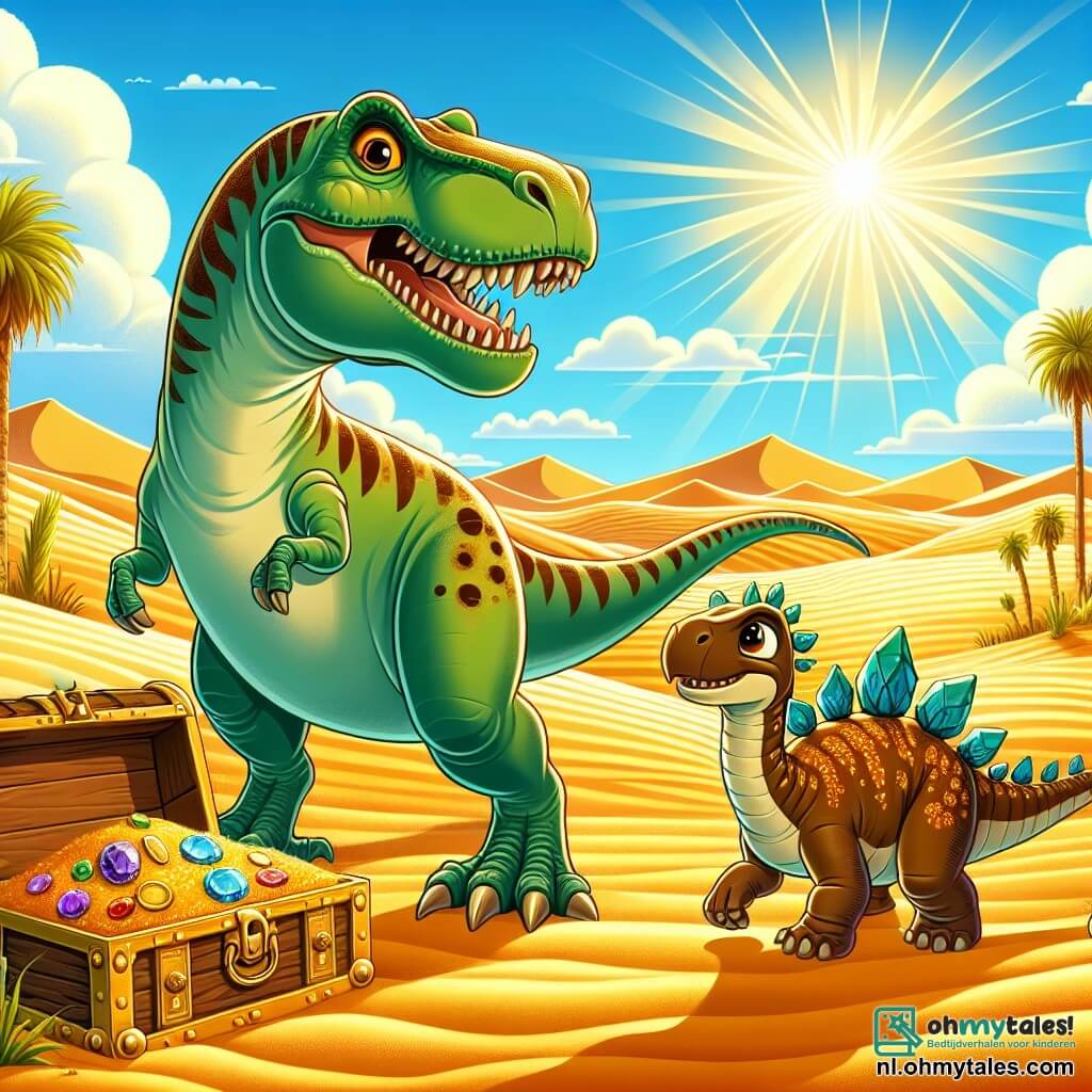 Illustratie van een uitgestrekt en zonnig woestijnlandschap, met gouden zandduinen die golven onder een stralend blauwe lucht. In het midden van de afbeelding staat een majestueuze Tyrannosaurus Rex, met zijn grote gespierde poten en lange staart die zachtjes zwaait. Hij heeft een groene huid met bruine vlekken, en zijn gezicht straalt nieuwsgierigheid uit, met grote glanzende ogen en een brede glimlach. Naast hem staat een jonge stegosaurus, met kleurrijke rugplaten en een stekelige staart, die verwonderd kijkt. Ze staan voor een oude en prachtige schatkist, geopend, met fonkelende edelstenen en gouden munten die in de zon schitteren. De sfeer is vrolijk en vriendelijk, vol levendige kleuren en boeiende details, die de geest van avontuur en vriendschap tussen de twee dinosaurussen illustreren.