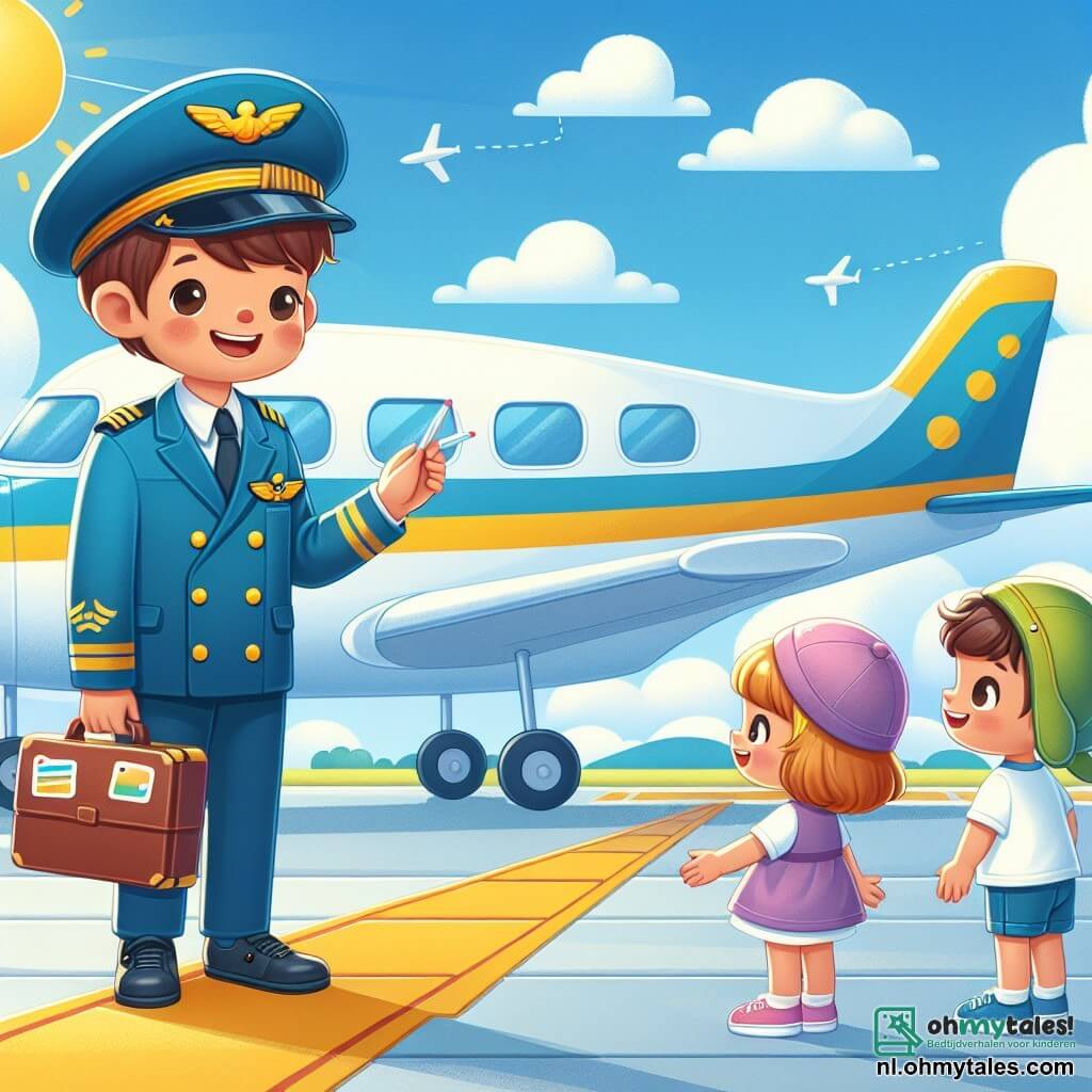 Une illustration sous forme de dessin destinée aux enfants représentant un petit aéroport ensoleillé avec un grand avion bleu aux rayures jaunes garé sur le tarmac, où un homme souriant portant une grande casquette de pilote et une tenue d'aviation vérifie son appareil, tandis que deux enfants, une fille en robe violette et un garçon en casquette verte, l'observent avec émerveillement, prêts à vivre leur première aventure aérienne ensemble, entourés de nuages moelleux et d'un ciel bleu éclatant.